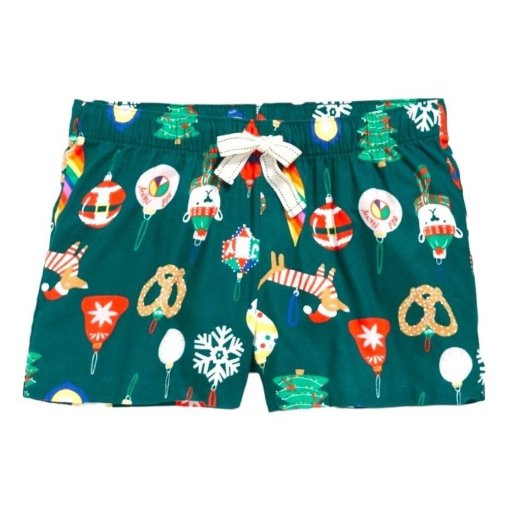 Christmas Flannel Shorts Green Sleep Lounge Ornaments Cozy Woman's Sz S JJ1875